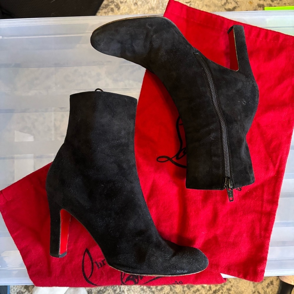 Christian Louboutin Black Suede Ankle Boots Booties Block Heel 37
